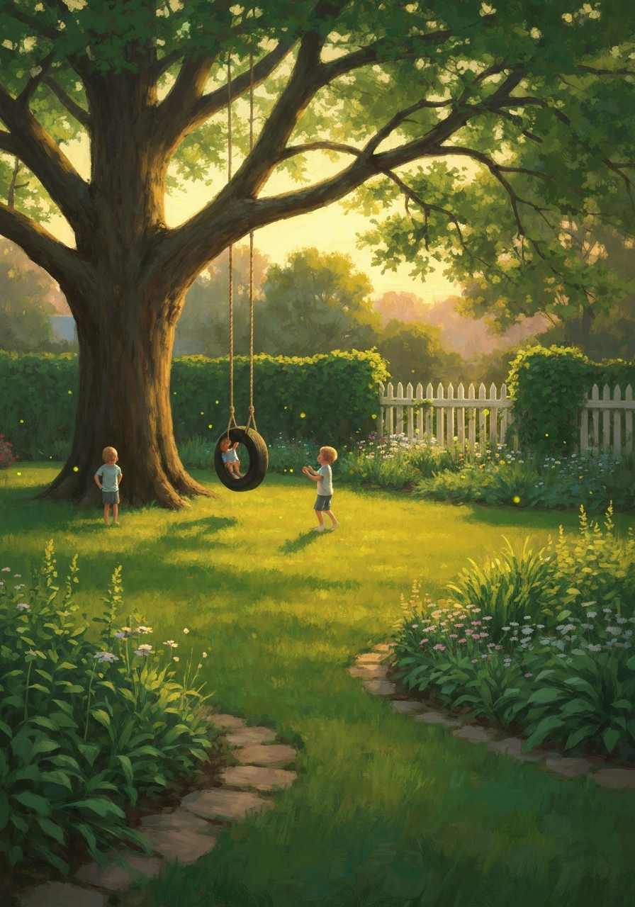 A lush summer backyard at golden hour with a rope tire swing and children playing