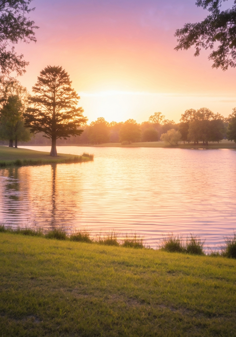 A misty lake at dawn with a rowboat and two figures fishing together