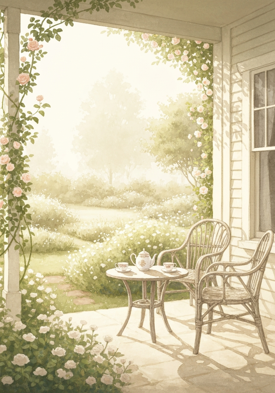 A warm watercolour of a sunlit wooden porch with wicker chairs and a teapot