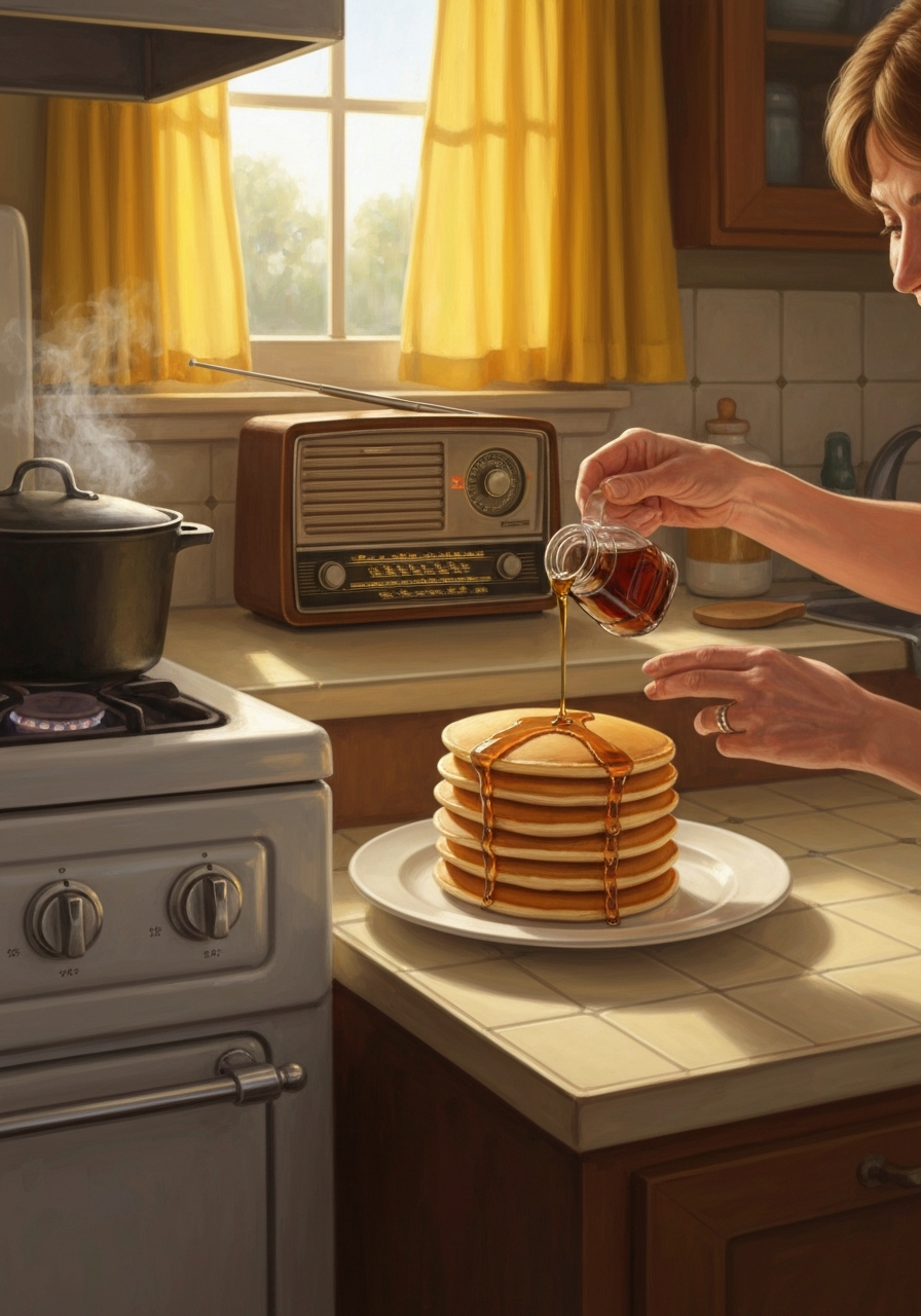 A nostalgic painting of a 1970s kitchen with golden morning light and pancakes